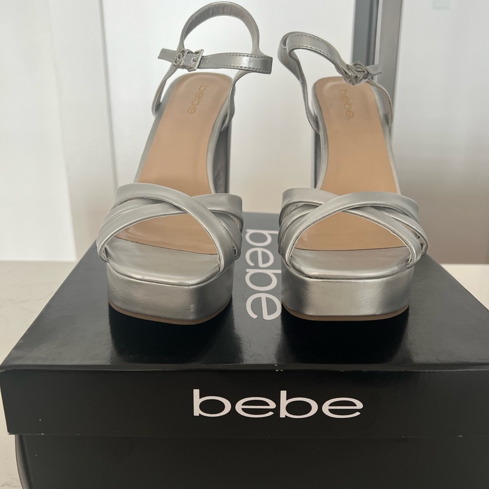 Bebe Silver Ankle Strap Platform Heels Sandals